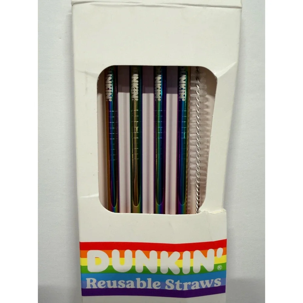 Dunkin Reusable Straws Rainbow Iridescent Metal 4pc Set with Brush‎ Pouch 912995